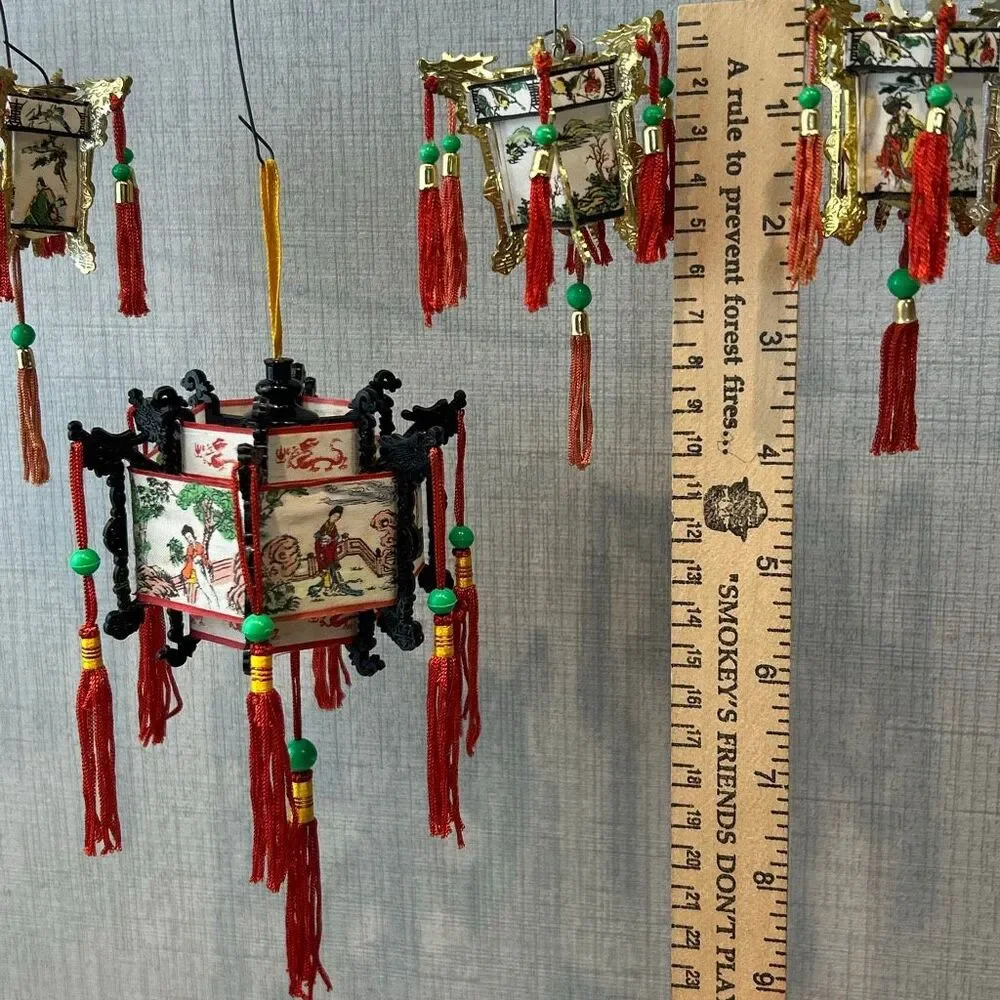 Vtg Chinese Hanging Lantern Ornaments Decorations Set Lot Tassels Small Mini